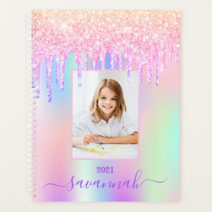 Pink glitter drips photo holographic girl 2026 planner
