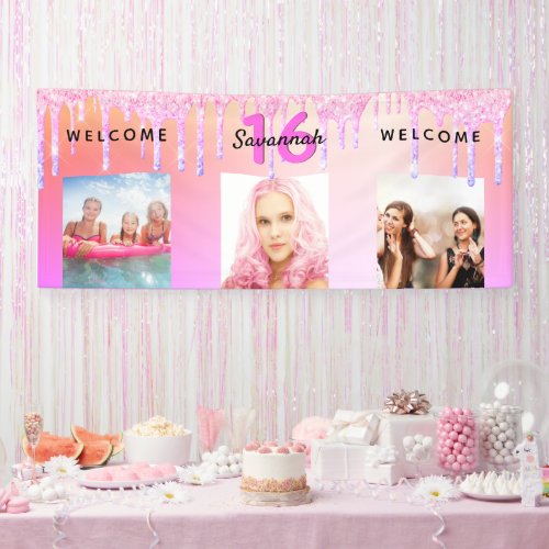 Pink glitter drips photo Sweet 16 welcome Banner