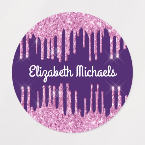 Pink glitter drips purple custom name girl labels