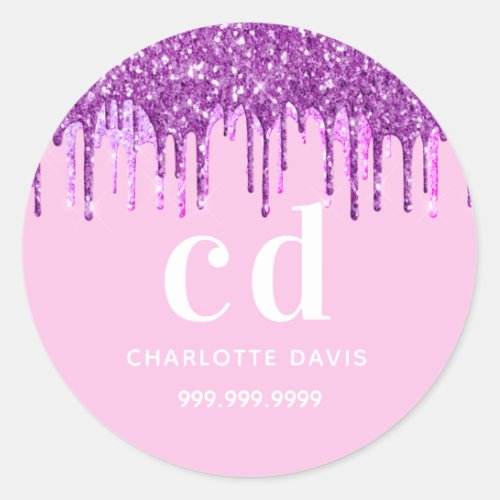 Pink glitter drips purple custom name school classic round sticker