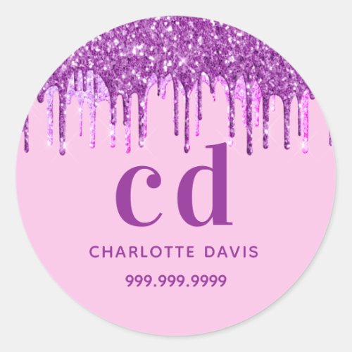 Pink glitter drips purple name school girl classic round sticker