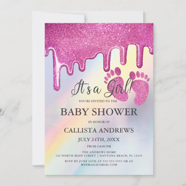 Pink Glitter Drips Rainbow Holographic Baby Shower Invitation (Front)