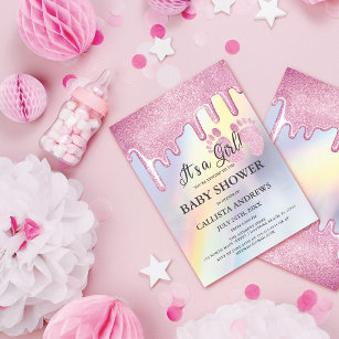 Pink Glitter Drips Rainbow Holographic Baby Shower Invitation
