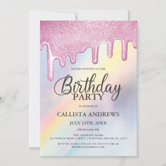 Pink Glitter Drips Rainbow Holographic Birthday Invitation (Front)