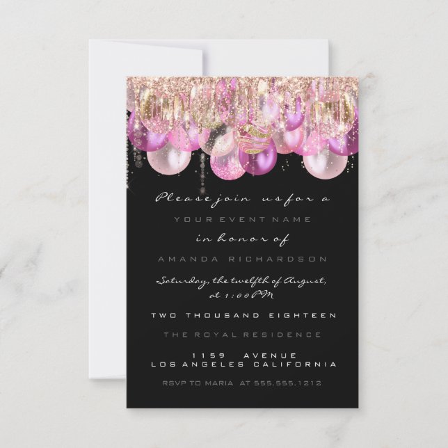 Pink Glitter Drips Rose Black  Bridal Sweet 16th Invitation (Front)