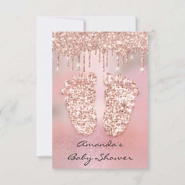 Pink  Glitter Drips Rose Gold  Baby Shower Feet Invitation (Back)