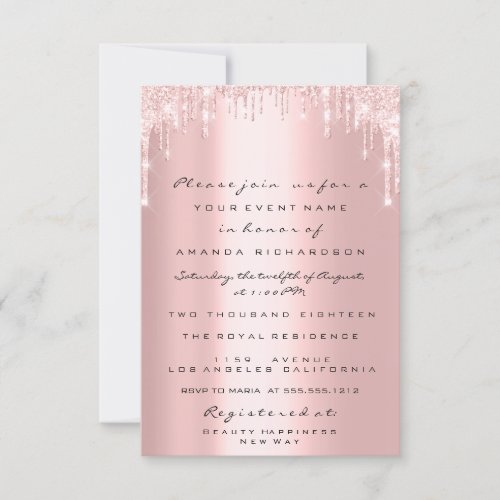 Pink Glitter Drips Rose Gold  Bridal Quirceanera Invitation