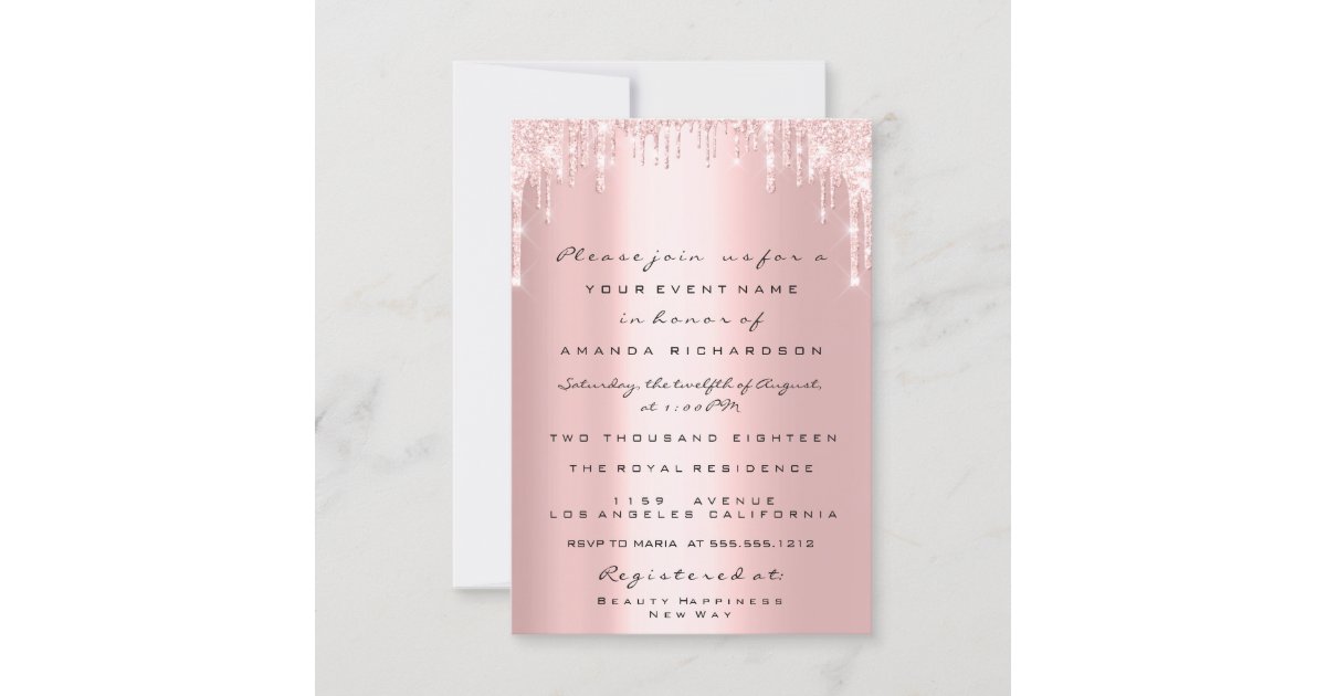 Pink Glitter Drips Rose Gold Bridal Quirceanera Invitation | Zazzle