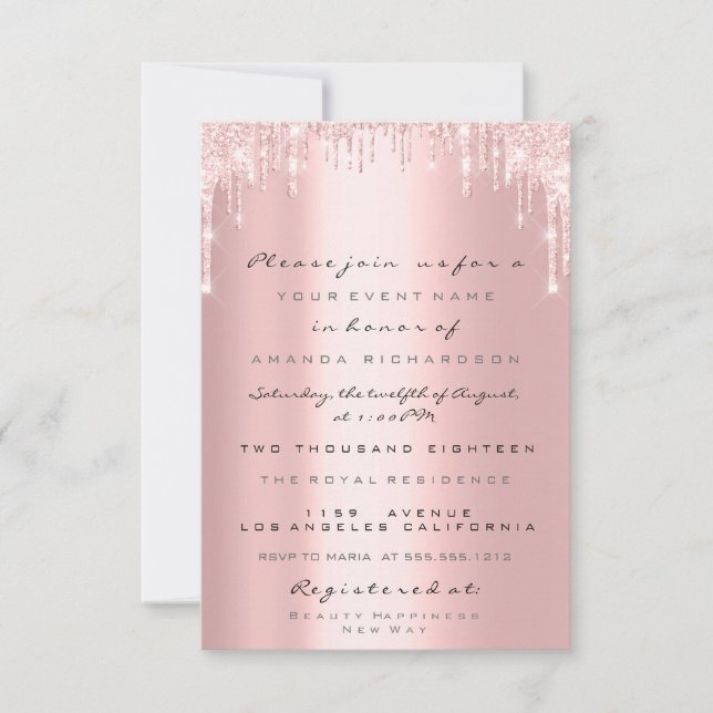 Pink Glitter Drips Rose Gold  Bridal Sweet 16th Invitation (Front)