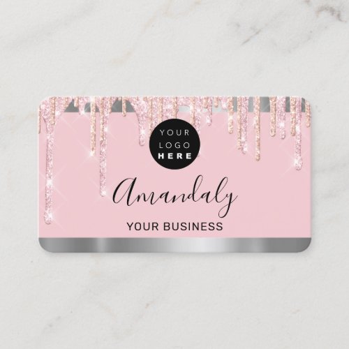 Pink Glitter Drips Silver Frame Qr Code Logo Business Card