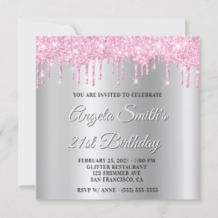 Pink Glitter Drips Silver Ombre Drop Shadow Invitation