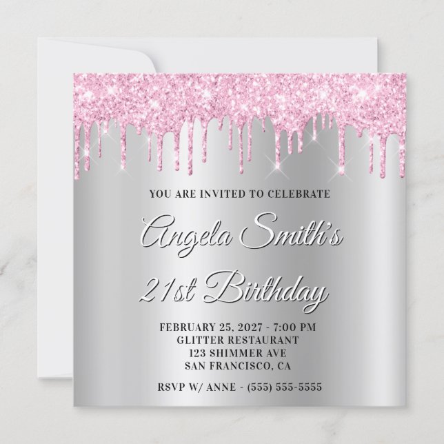 Pink Glitter Drips Silver Ombre Drop Shadow Invitation (Front)