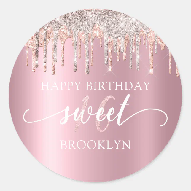 Pink Glitter Drips Silver Sweet 16 Birthday Classic Round Sticker | Zazzle