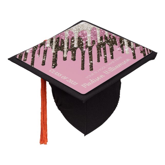 Pink glitter drips sparkle elegant chic typography graduation cap topper (Angled)
