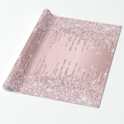 Pink glitter drips sparkle monogram dusty rose wrapping paper