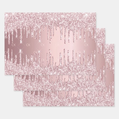 Pink glitter drips sparkle monogram dusty rose wrapping paper sheets