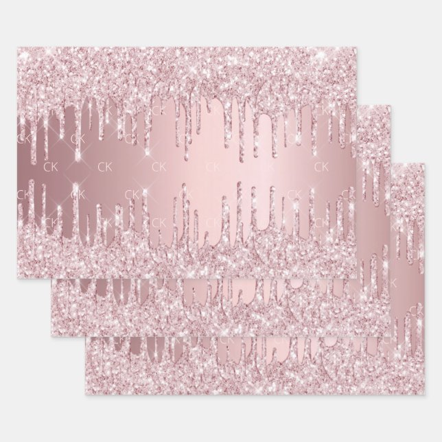 Pink glitter drips sparkle monogram dusty rose wrapping paper sheets (Set)