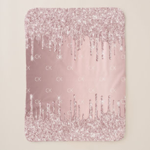 Pink glitter drips sparkle monogram sherpa blanket