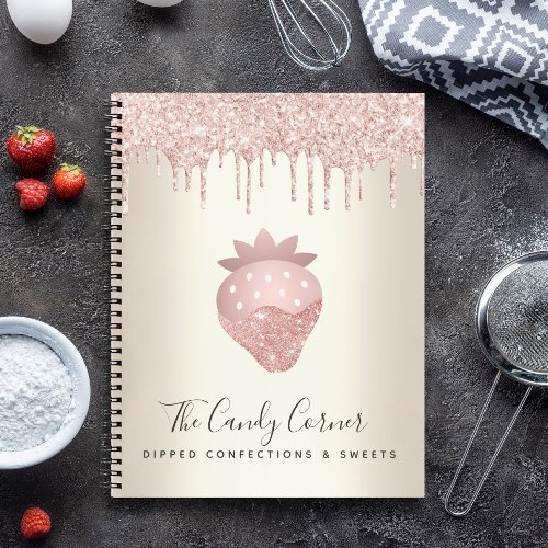 Pink Glitter Drips Strawberry Confection Gold Notebook