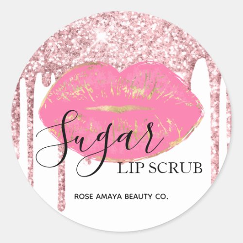 Pink Glitter Drips Sugar Lip Scrub Classic Round Sticker