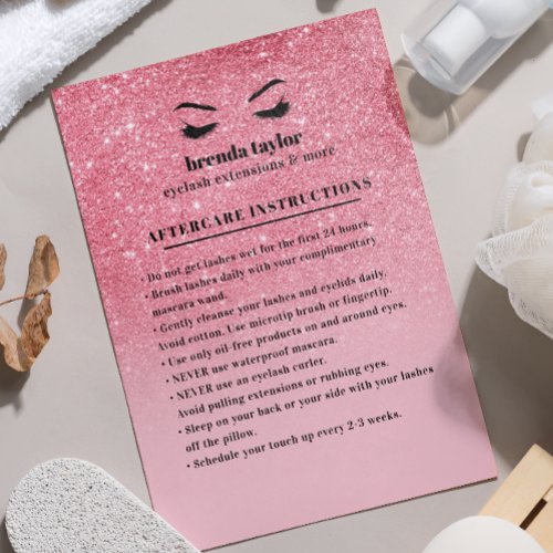 PInk glitter Eyelash  Brow Aftercare Instructions Business Card