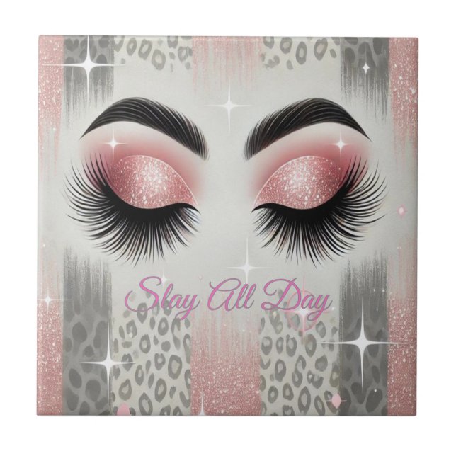 Pink Glitter Eyelashes Ceramic Tile (Front)