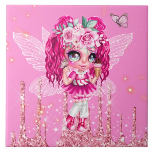 Pink glitter fairy cute anime girl mythical fae ceramic tile