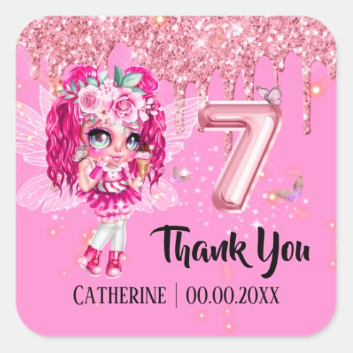 Pink glitter fairy cute girls thank you 7th party square sticker