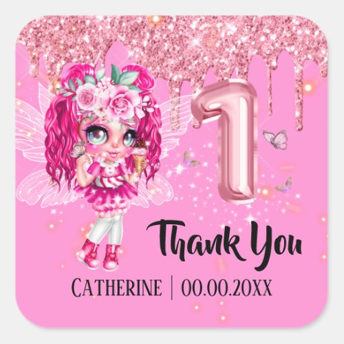 Pink glitter fairy girl cute anime thank you 1st square sticker