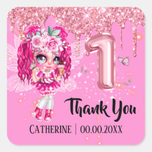 Pink glitter fairy girl cute anime thank you 1st square sticker