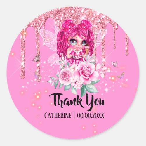 Pink glitter fairy girl pink rose drippings thanks classic round sticker