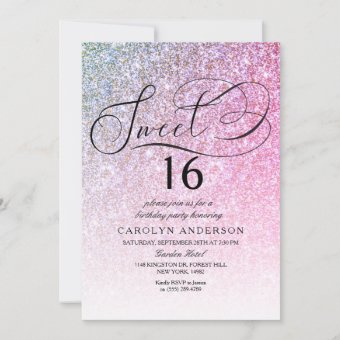 Pink Glitter Fancy Script Sweet 16 Birthday Party Invitation | Zazzle