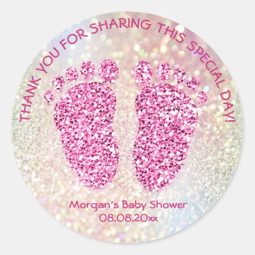 Pink Glitter Feet Baby Shower Favor Thank Girl LUX Classic Round Sticker
