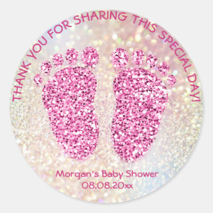 Pink Glitter Feet Baby Shower Favor Thank Girl LUX Classic Round Sticker