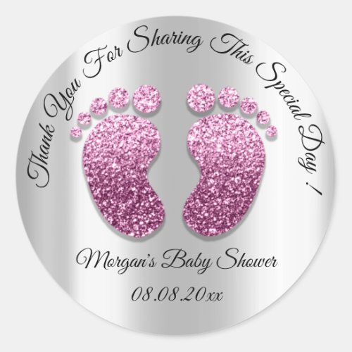 Pink Glitter Feet Baby Shower Favor Thank Silver Classic Round Sticker