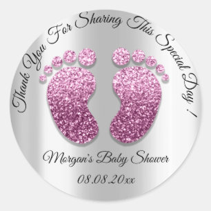 Pink Glitter Feet Baby Shower Favor Thank Silver Classic Round Sticker