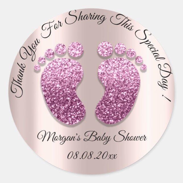 Pink Glitter Feet Baby Shower Favor Thank You Classic Round Sticker (Front)