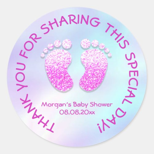 Pink Glitter Feet Baby Shower Iridescent Thank Classic Round Sticker