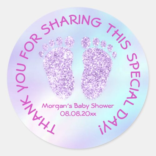 Pink Glitter Feet Baby Shower Purple Thank Classic Round Sticker