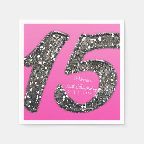 Pink  Glitter Fifteen 15 Birthday Party Custom Napkins