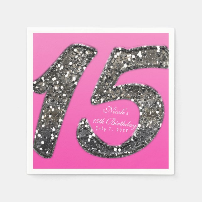 Pink & Glitter Fifteen 15 Birthday Party Custom Napkins (Front)