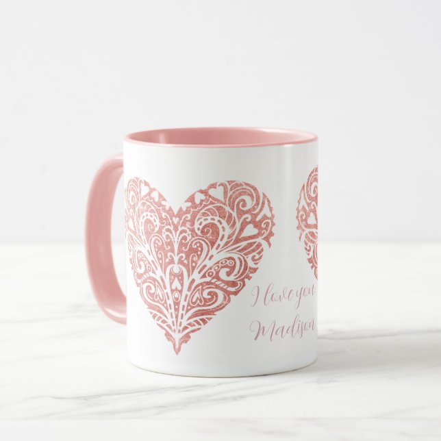 Pink Glitter Filigree Personalized Valentine Mug (Front Left)