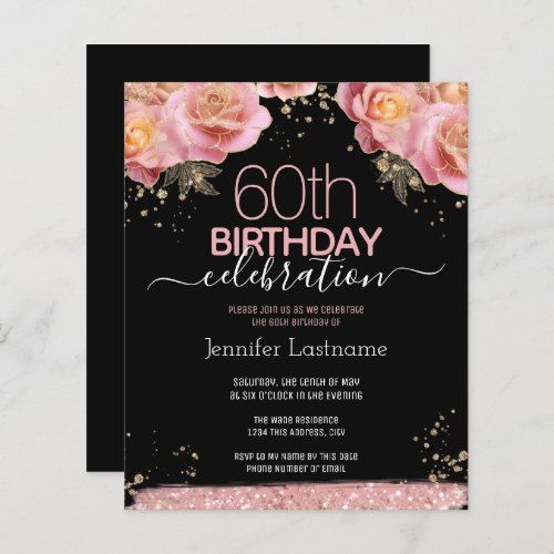 Pink Glitter Floral 60th Birthday Invitations
