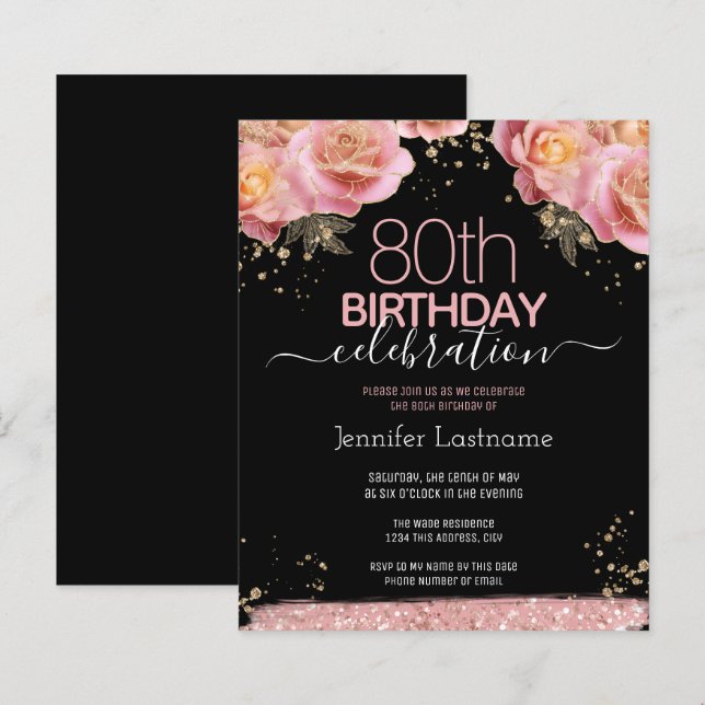 Pink Glitter Floral 80th Birthday Invitations (Front/Back)