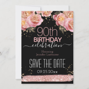 Pink Glitter Floral 90th Birthday Save the Date I Invitation