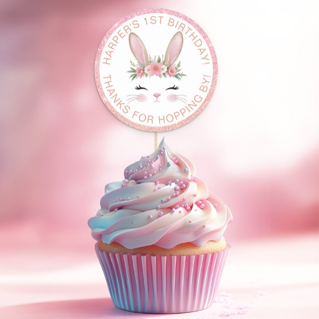 Pink Glitter Floral Bunny 1st Birthday Party Favor Classic Round Sticker (Bunny Birthday Party Favor Thank You Sticker)