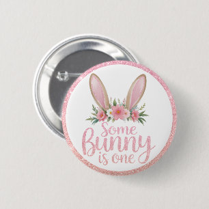 Pink Glitter Floral Bunny Ears Some Bunny's Mommy Button
