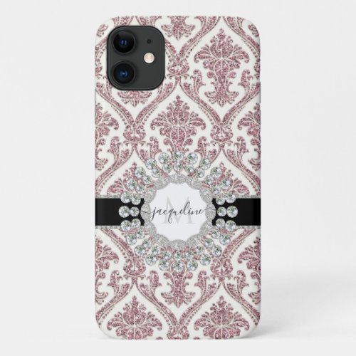 Pink Glitter Floral Damask Script Name Girly Bling iPhone 11 Case