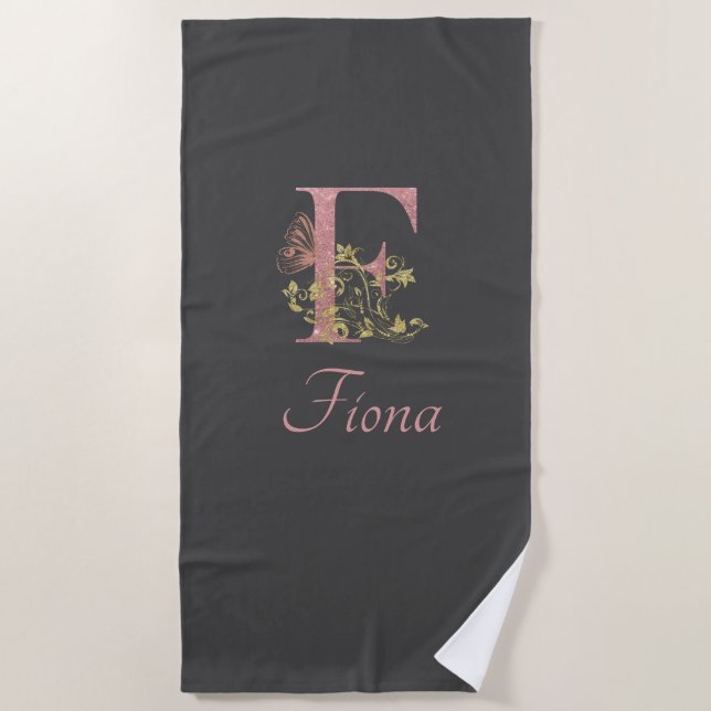 Pink Glitter Floral Letter F   Beach Towel (Front)