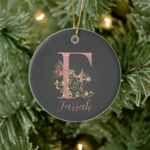 Pink Glitter Floral Letter F Ceramic Ornament